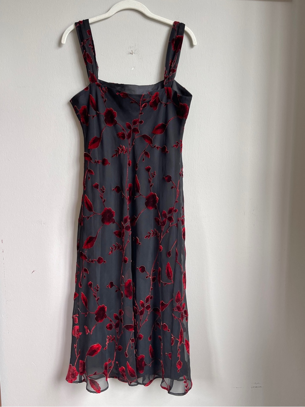 Vintage 90s/Y2K Whimsigoth Black Midi Dress w Red Velvet Floral Burnout - Picture 4 of 4